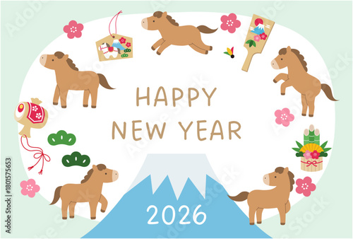 かわいい午年の年賀状のイラスト。馬、2026年、正月