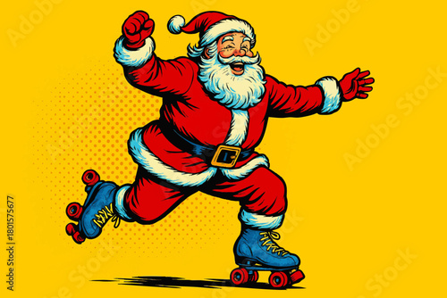 Santa Claus joyfully roller skating on blue skates, blending holiday cheer with fun and motion. Generative ai vector colorful pop art illustration.