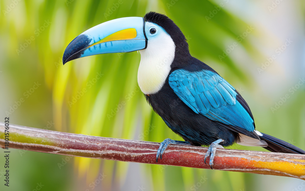Naklejka premium Vibrant wild animal perched on colorful branch showcases its striking blue and black feathers. This beautiful bird captivates with its unique beak and lively presence in nature