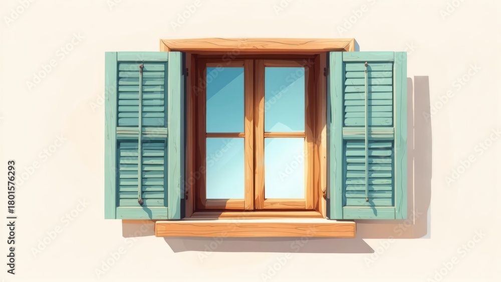 Obraz premium Wooden window with open teal shutters against a pale wall, casting a shadow