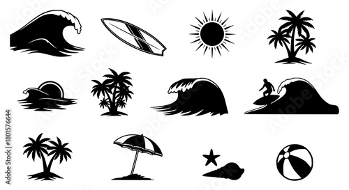 Collection of black summer beach and surfing silhouettes