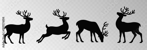 Reindeer png with a big decorative harness walking in snowy forest surrounded by Christmas trees, isolated on transparent background, space for holiday sale text, luxury New Year card vector