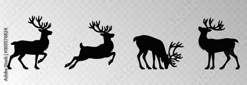 Reindeer png with a big decorative harness walking in snowy forest surrounded by Christmas trees, isolated on transparent background, space for holiday sale text, luxury New Year card vector