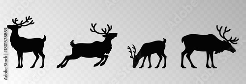 Reindeer png with a big decorative harness walking in snowy forest surrounded by Christmas trees, isolated on transparent background, space for holiday sale text, luxury New Year card vector