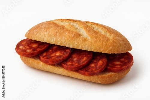 Chorizo Bocadillo Close-Up, Traditional Spanish Sandwich on White Background