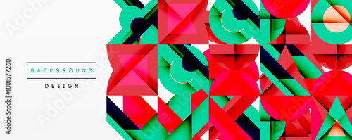 Abstract geometric shapes, vibrant colors, modern design. Red, green, black elements create dynamic composition. Minimalist style.