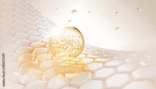 3d skin cells with oil drop texture. Epidermis hexagon pattern with retinol serum bubble. Gold essence gel for glowing. Golden skincare argan cosmetic droplet. Yellow honey face mask. 3D illustration © marozhkastudio