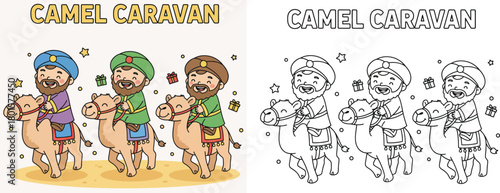 Joyful Three Kings on Camel Caravan Nativity Coloring Page and Colored Version