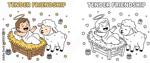 Tender Friendship Baby Jesus and Lamb Christmas Coloring Page and Colored Version