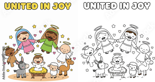 United in Joy Diverse Cartoon Nativity Scene with Angels Animals and Baby Jesus
