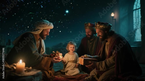 Three Wise Men Present Gifts to a Child Under a Starry Night Sky