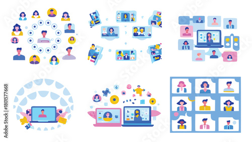 Diverse group of professionals collaborating remotely connecting online through digital devices and virtual communication tools symbolizing teamwork and modern work environments