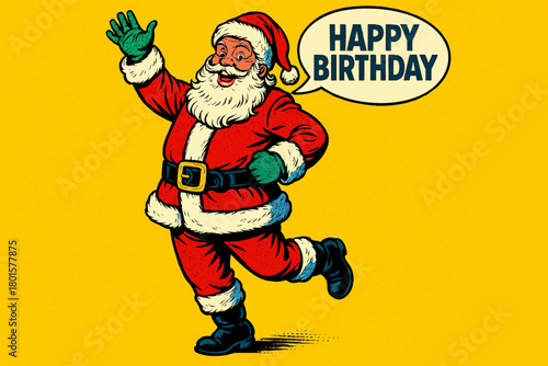 Santa Claus holding a birthday present and waving, saying Happy Birthday in a comic speech bubble. Generative ai vector colorful pop art illustration.
