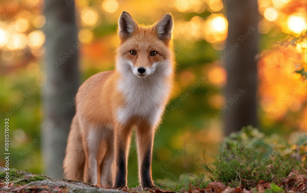 Obraz premium Wild fox stands gracefully in vibrant forest, showcasing its striking orange fur against backdrop of colorful autumn leaves. This scene captures beauty of wild animals in nature