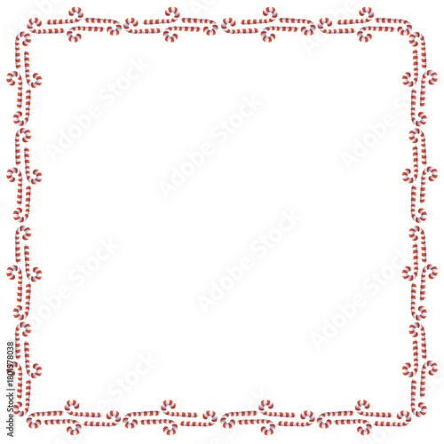 Vector background, frame, border from red candy cane. Bright edging, decoration on theme sweet New Year and Christmas. For greeting cards, invitations, xmas design