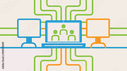 Diverse group of colleagues collaborating and connecting remotely through digital devices illustrating modern teamwork and online communication in a flat vector art style