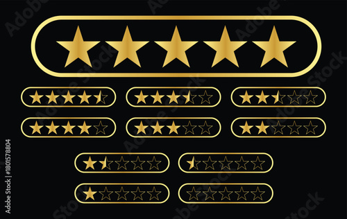Luxury Gold Star Rating Icons Complete 0 to 5 Stars Vector Set with Half Ratings