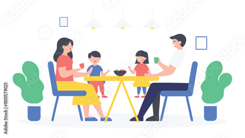 Flat vector illustration of a diverse family enjoying a meal and engaging in conversation around a dinner table depicting connection and togetherness