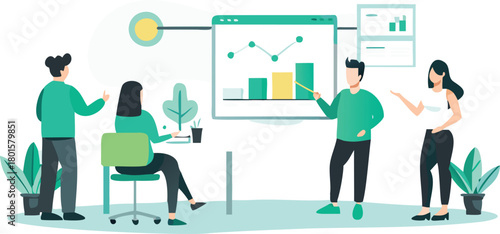 Flat vector illustration of a diverse team collaborating to plan and set goals for the upcoming quarter emphasizing strategy and future objectives