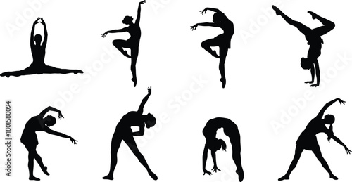 Set of black silhouettes of rhythmic gymnastics girls, flexible woman acrobat posing, sport dance collection, artistic gymnast exercises vector illustration