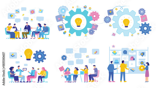 Diverse group of professionals collaborating in a modern office setting depicted in a flat vector illustration style with vibrant colors and clean lines