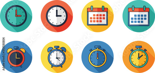 Essential Collection of Flat Design Time and Calendar Icons with Long Shadows, Representing Scheduling, Appointments, Deadlines, and Productivity Concepts for Digital Media