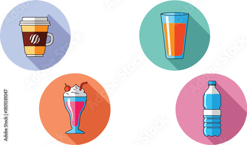 Diverse collection of refreshing beverage icons featuring popular drinks in a modern flat design style with subtle long shadows, ideal for digital interfaces and menus