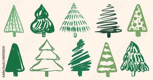 Green Paint Brush Christmas Tree Silhouette. Marker Hand Draw Christmas Trees Icon Set. Ink Brush Calligraphy Spruce Trees, Symbol for Winter Holidays