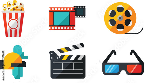 Collection of cinema-related icons popcorn, film reel, clapperboard, and 3D glasses