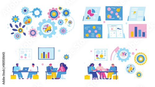 Diverse group of young entrepreneurs collaborating on a project showcasing innovation and teamwork in a modern business setting with a circular graphic element