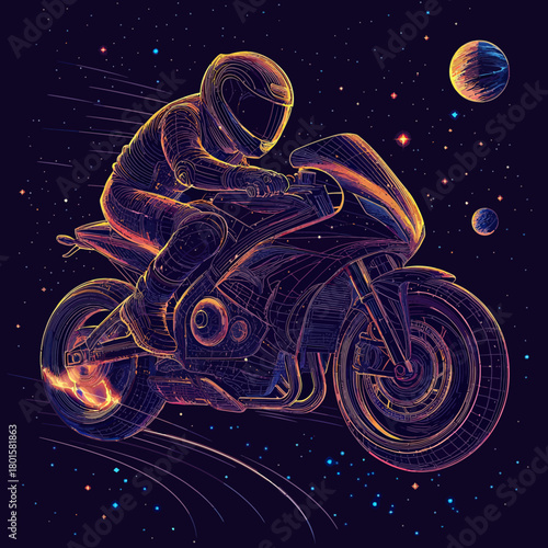 Futuristic wireframe motorcycle racer speeding through cosmic space with starry background and glowing neon outlines