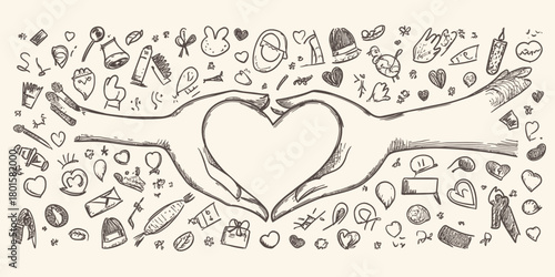 Hand drawn sketch of two hands forming a heart shape with surrounding doodle icons of hearts, love symbols, social connection, friendship and care in minimalist line art style vector illustration