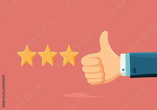 Businessman hand thumbs up gesture with three gold stars rating on red background for quality approval feedback concept vector illustration