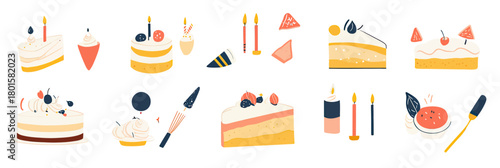 assorted birthday cake slices and cupcakes with candles cream berries and decorations flat minimalist dessert illustrations set bright colors isolated on white background