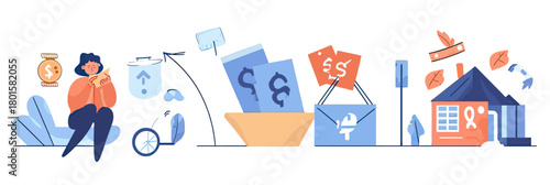 Worried person sitting with hands clasped near face surrounded by signs of rising costs including money bills, price tags, mailbox with letter, and house with leaves in flat minimalist vector style