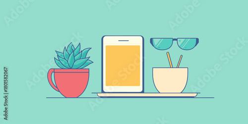 Minimalist flat workspace with smartphone tablet digital device plant in red pot and sunglasses on clean desk surface in modern home office setting illustration vector
