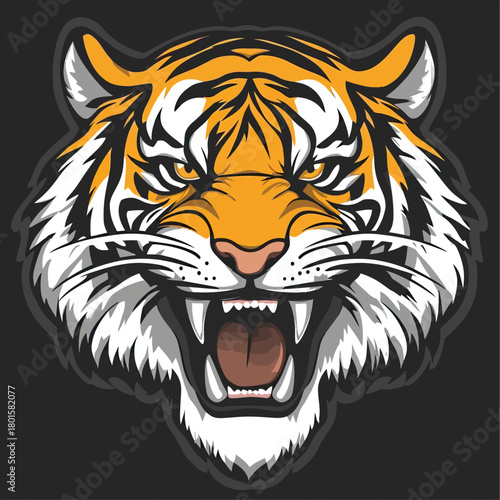 Roaring tiger head mascot vector with fierce expression open mouth sharp teeth orange fur black stripes white accents graphic illustration on dark background