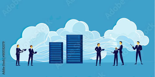 Business professionals connecting data servers to cloud storage network with digital data flow and cloud computing concept in flat vector design