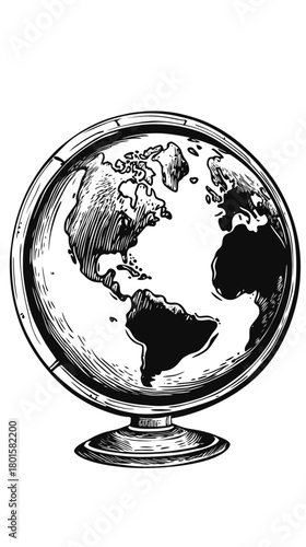 Black and white hand-drawn vintage globe illustration showing continents of North America, South America, and Africa on a round stand in minimalist engraved style vector