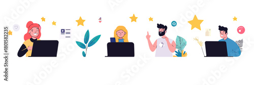 Customer support team working remotely on laptops with positive feedback and five star ratings in flat vector style illustration