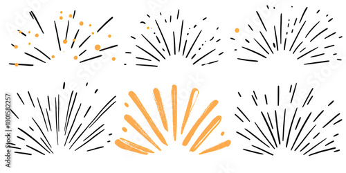 Hand drawn sunburst rays vector set with sparkle and shine doodle elements for frames decoration and design accents in flat minimalist style