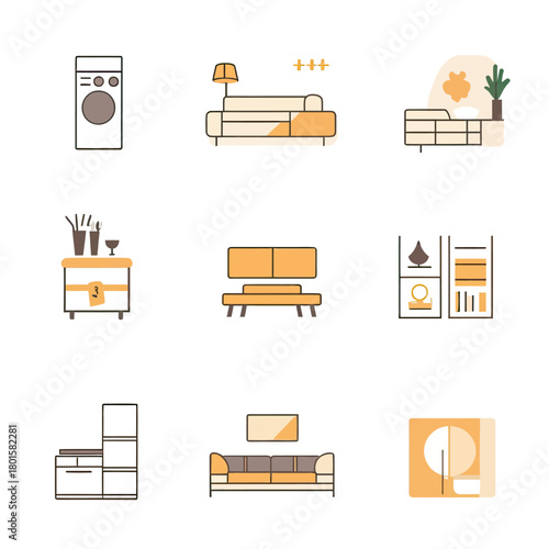 Minimalist flat vector icons of modern interior furniture and home decor including washing machine, sofas, shelving, cabinets, lamps, plants, and decorative elements in neutral tones