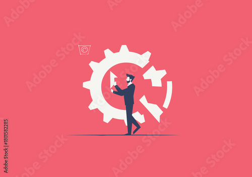 Businessman interacting with large gear and arrows symbolizing company change management and process improvement concept flat vector illustration