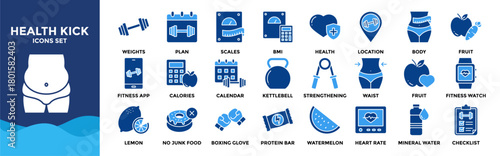Health Kick icon collection set. Containing design Weight, Plan, Scales, BMI, Fat, Health	