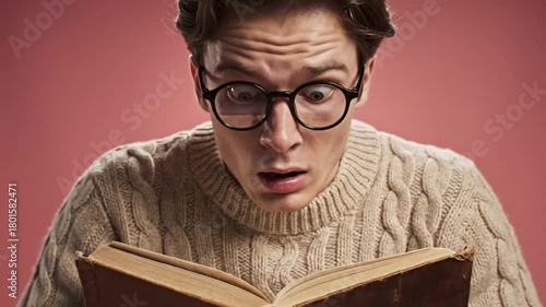 Frightened Male Student with Stupefied Face Clutching Old Book, Attractive Young Guy in Warm Knit Sweater and Spectacles Posing Indoors with Anxious Expression