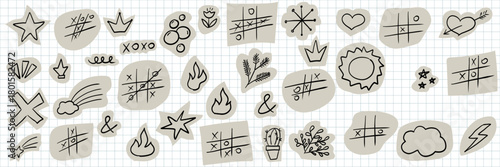 Playful scrapbook doodle set with torn craft paper shapes. Cute crayon drawings and funky collage elements for zine or DIY design. Vector naive art illustration.