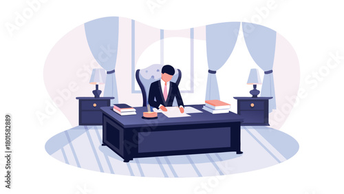 Detailed 3d scene of a corporate executive in a suit signing an important business document at a desk symbolizing success and achievement