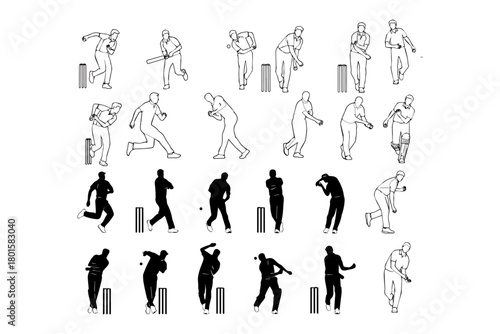 silhouette pack of cricket bowler action editable outline stroke with pure white background