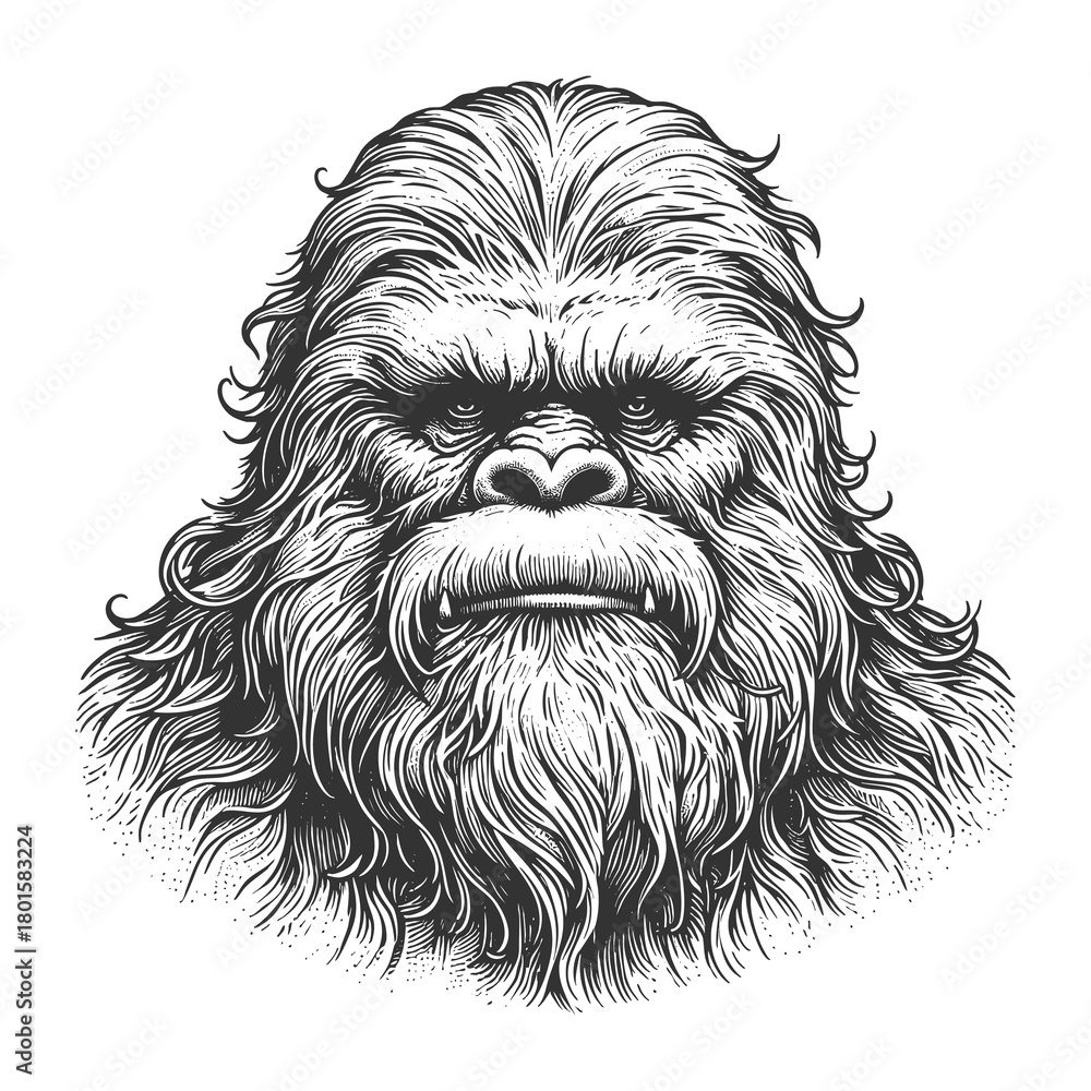 Obraz premium Bigfoot Yeti or Sasquatch creature, created in a vintage engraving style. sketch engraving generative ai fictional character raster illustration. Scratch board imitation. Black and white image.
