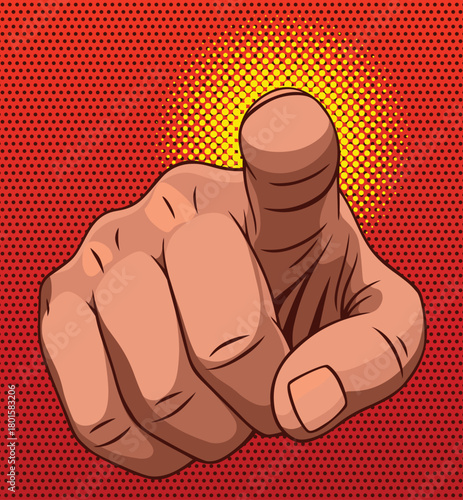 Comic finger points at viewer. Uncle sam hand in pop art style. Business concept illustration. Man show forefinger. Human arm in vintage retro design